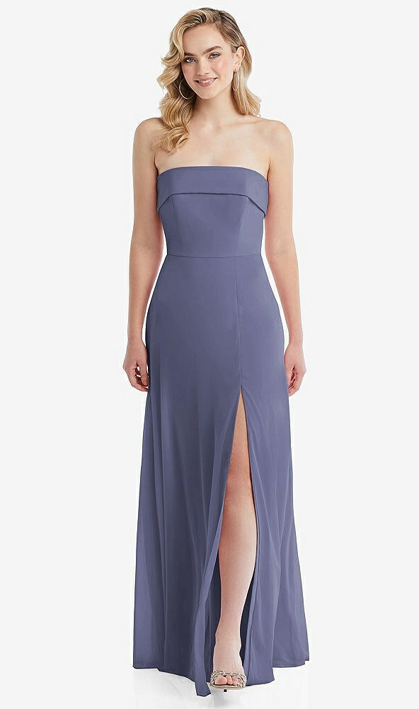 Front View - French Blue Cuffed Strapless Maxi Dress with Front Slit