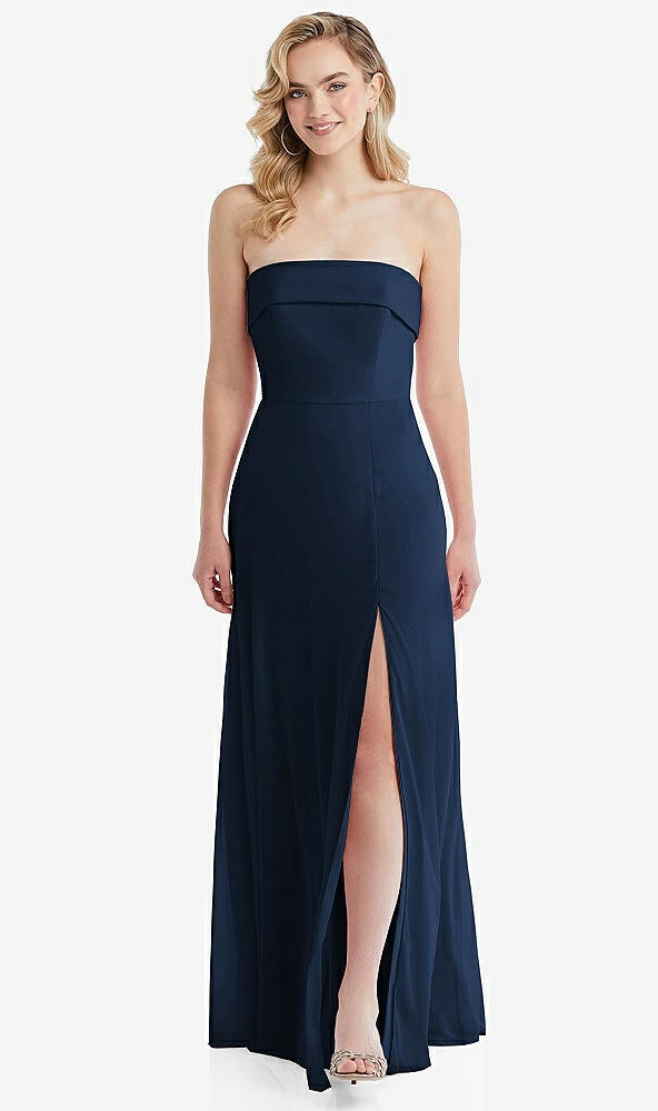 Front View - Midnight Navy Cuffed Strapless Maxi Dress with Front Slit