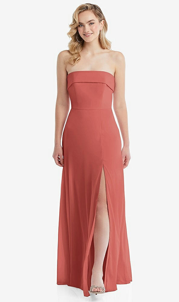 Front View - Coral Pink Cuffed Strapless Maxi Dress with Front Slit