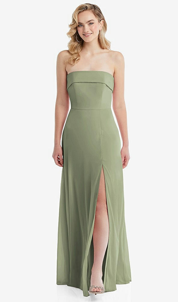 Front View - Sage Cuffed Strapless Maxi Dress with Front Slit