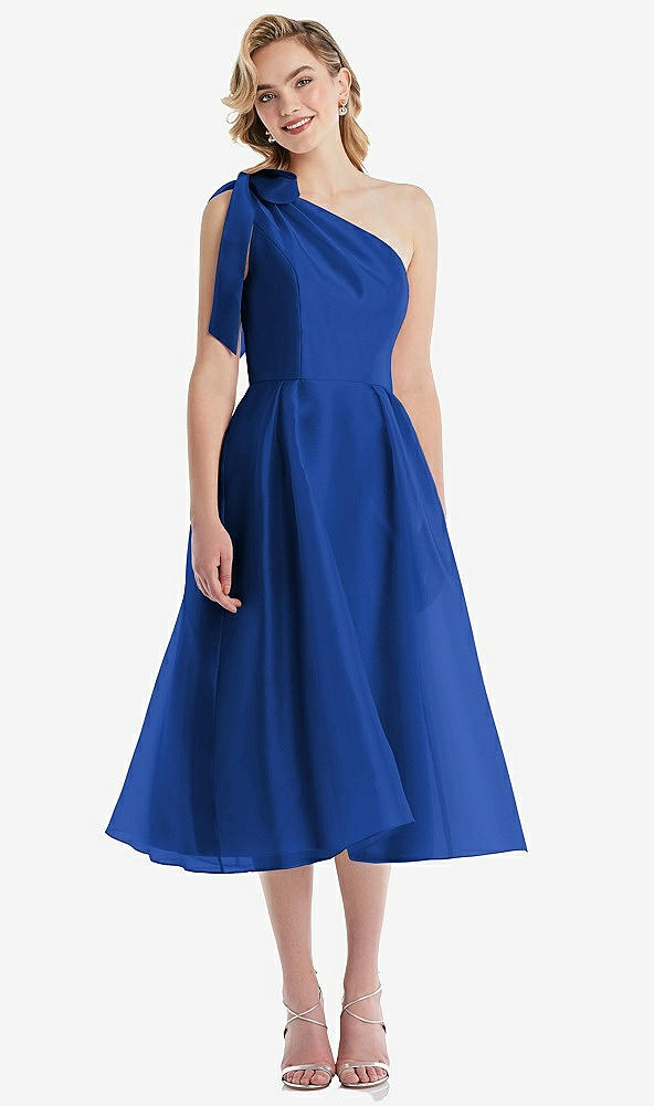 Front View - Sapphire Scarf-Tie One-Shoulder Organdy Midi Dress 