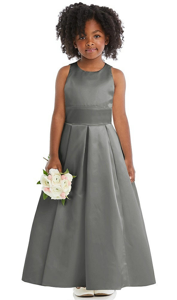 Front View - Charcoal Gray Sleeveless Pleated Skirt Satin Flower Girl Dress
