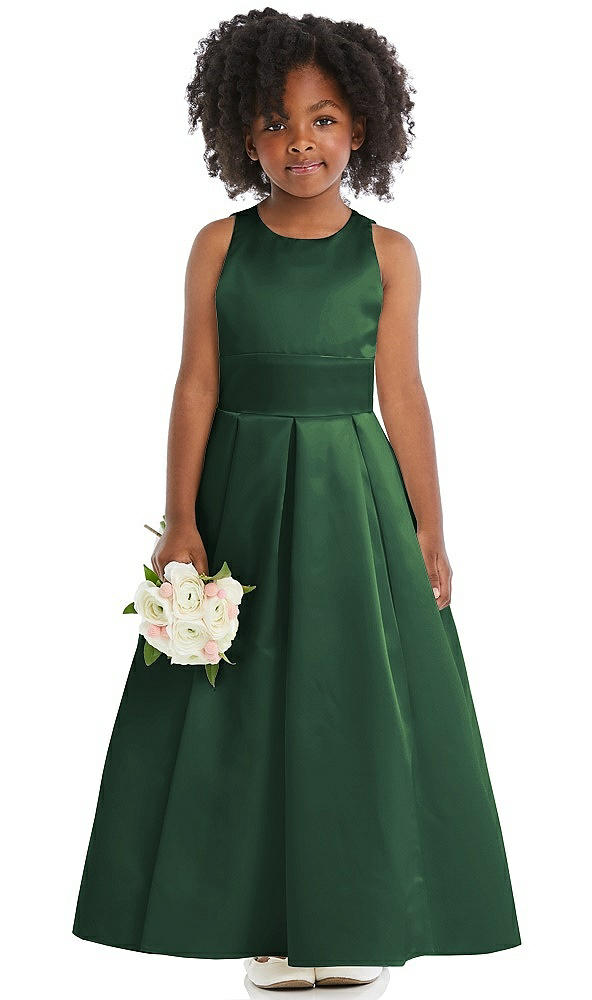 Front View - Hampton Green Sleeveless Pleated Skirt Satin Flower Girl Dress