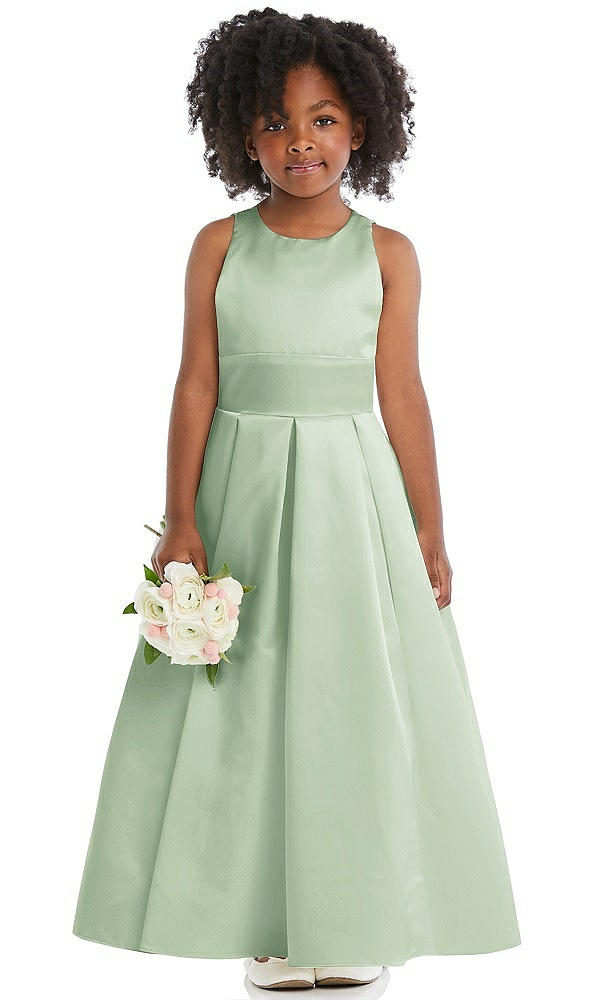 Front View - Celadon Sleeveless Pleated Skirt Satin Flower Girl Dress