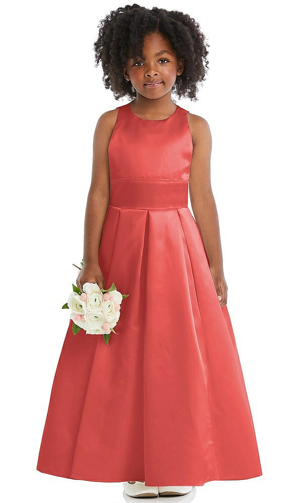 Front View - Perfect Coral Sleeveless Pleated Skirt Satin Flower Girl Dress