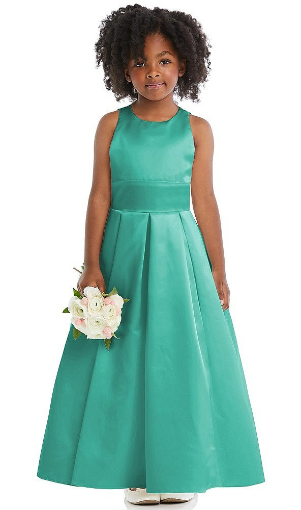 Front View - Pantone Turquoise Sleeveless Pleated Skirt Satin Flower Girl Dress