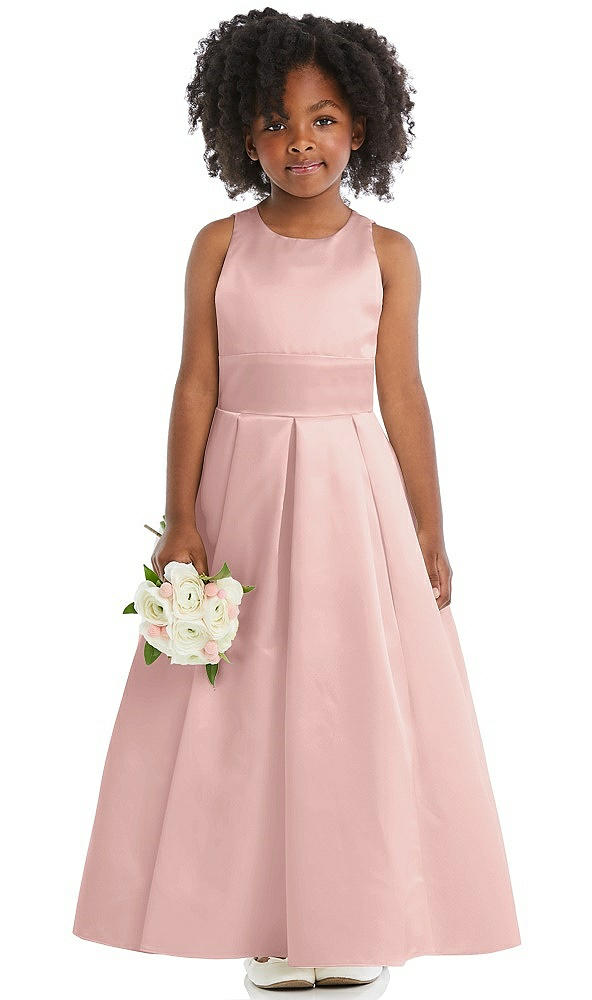 Front View - Rose - PANTONE Rose Quartz Sleeveless Pleated Skirt Satin Flower Girl Dress
