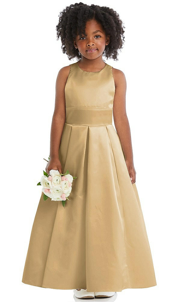 Front View - Venetian Gold Sleeveless Pleated Skirt Satin Flower Girl Dress