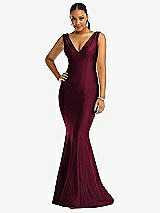 Front View Thumbnail - Cabernet Shirred Shoulder Stretch Satin Mermaid Dress with Slight Train