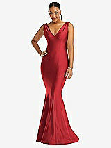 Front View Thumbnail - Poppy Red Shirred Shoulder Stretch Satin Mermaid Dress with Slight Train