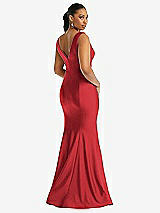 Rear View Thumbnail - Poppy Red Shirred Shoulder Stretch Satin Mermaid Dress with Slight Train