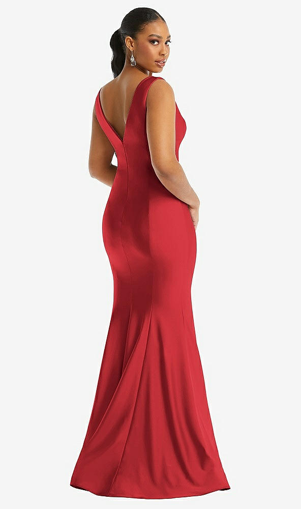 Back View - Poppy Red Shirred Shoulder Stretch Satin Mermaid Dress with Slight Train