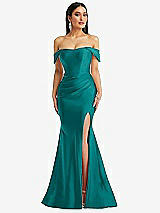 Alt View 1 Thumbnail - Peacock Teal Off-the-Shoulder Corset Stretch Satin Mermaid Dress with Slight Train
