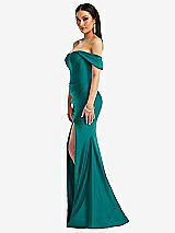 Alt View 2 Thumbnail - Peacock Teal Off-the-Shoulder Corset Stretch Satin Mermaid Dress with Slight Train