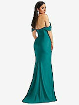 Alt View 3 Thumbnail - Peacock Teal Off-the-Shoulder Corset Stretch Satin Mermaid Dress with Slight Train