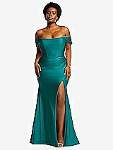 Front View Thumbnail - Peacock Teal Off-the-Shoulder Corset Stretch Satin Mermaid Dress with Slight Train