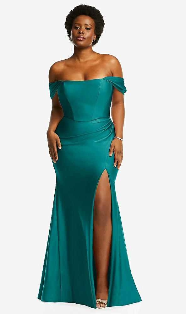 Front View - Peacock Teal Off-the-Shoulder Corset Stretch Satin Mermaid Dress with Slight Train