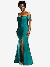 Side View Thumbnail - Peacock Teal Off-the-Shoulder Corset Stretch Satin Mermaid Dress with Slight Train