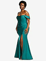 Rear View Thumbnail - Peacock Teal Off-the-Shoulder Corset Stretch Satin Mermaid Dress with Slight Train