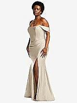 Rear View Thumbnail - Champagne Off-the-Shoulder Corset Stretch Satin Mermaid Dress with Slight Train