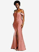 Side View Thumbnail - Desert Rose Off-the-Shoulder Corset Stretch Satin Mermaid Dress with Slight Train