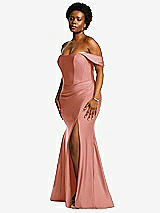 Rear View Thumbnail - Desert Rose Off-the-Shoulder Corset Stretch Satin Mermaid Dress with Slight Train