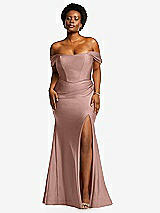 Front View Thumbnail - Neu Nude Off-the-Shoulder Corset Stretch Satin Mermaid Dress with Slight Train
