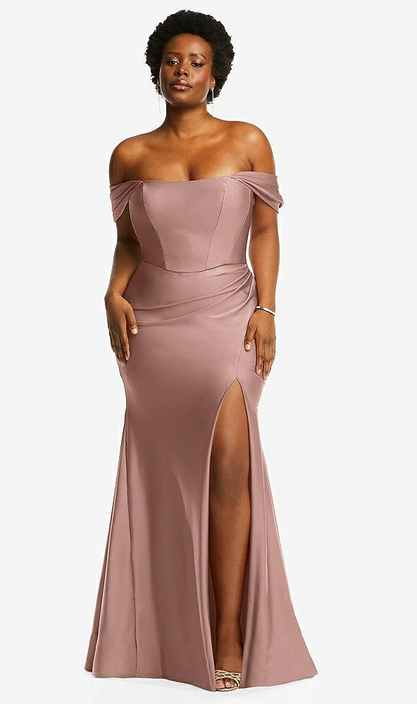 Front View - Neu Nude Off-the-Shoulder Corset Stretch Satin Mermaid Dress with Slight Train