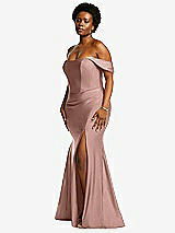 Rear View Thumbnail - Neu Nude Off-the-Shoulder Corset Stretch Satin Mermaid Dress with Slight Train