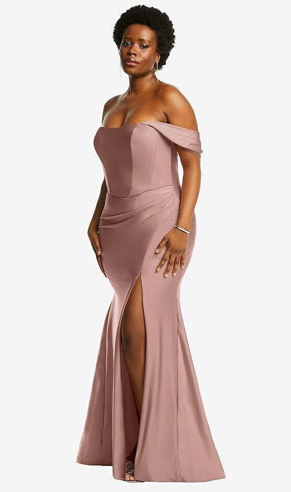 Back View - Neu Nude Off-the-Shoulder Corset Stretch Satin Mermaid Dress with Slight Train