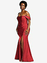 Rear View Thumbnail - Poppy Red Off-the-Shoulder Corset Stretch Satin Mermaid Dress with Slight Train