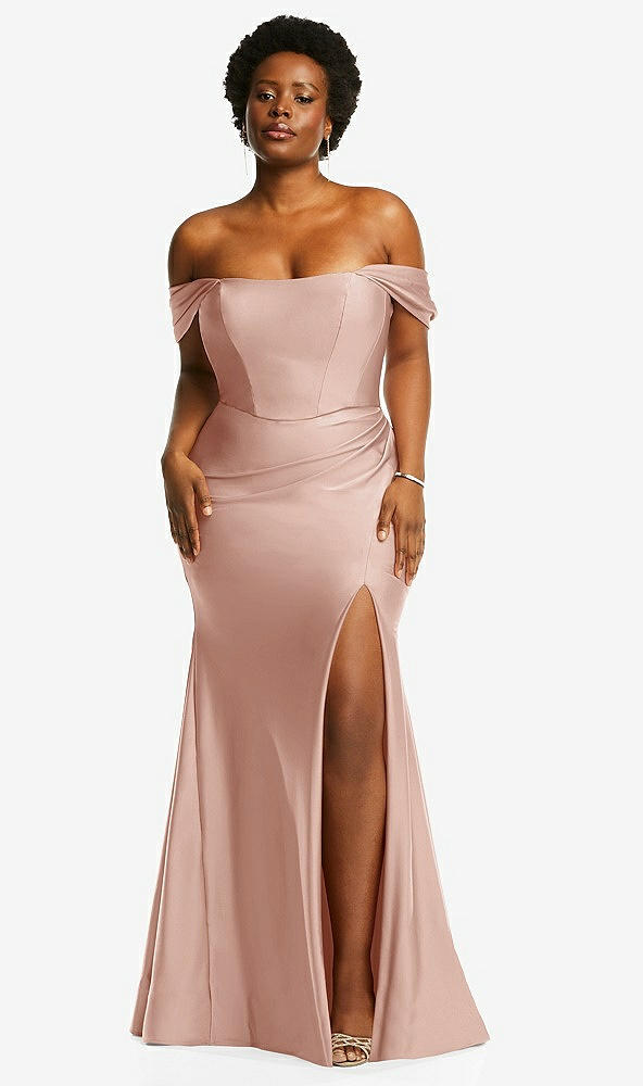 Front View - Toasted Sugar Off-the-Shoulder Corset Stretch Satin Mermaid Dress with Slight Train