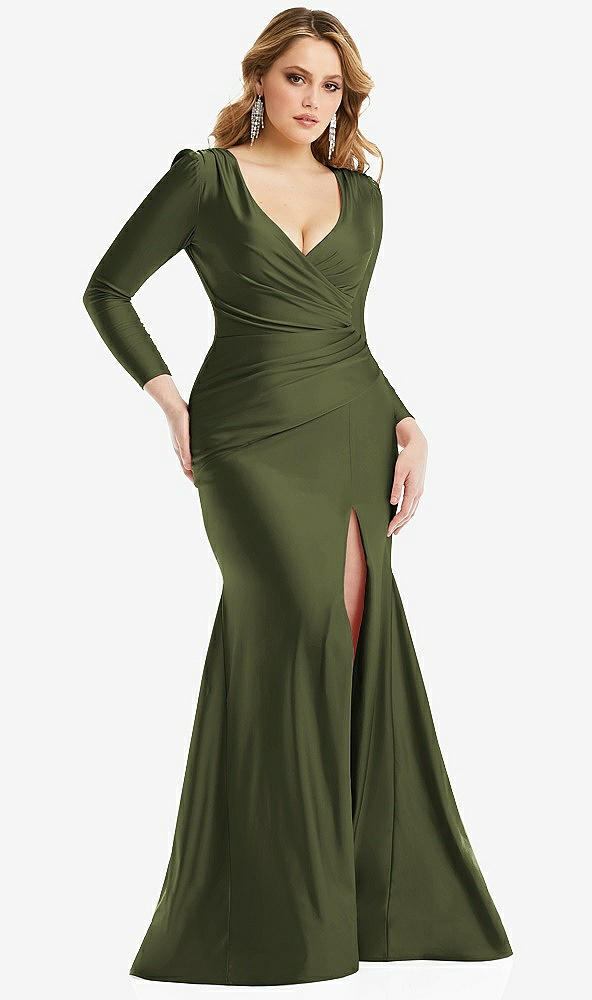 Front View - Olive Green Long Sleeve Draped Wrap Stretch Satin Mermaid Dress with Slight Train