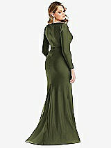 Rear View Thumbnail - Olive Green Long Sleeve Draped Wrap Stretch Satin Mermaid Dress with Slight Train