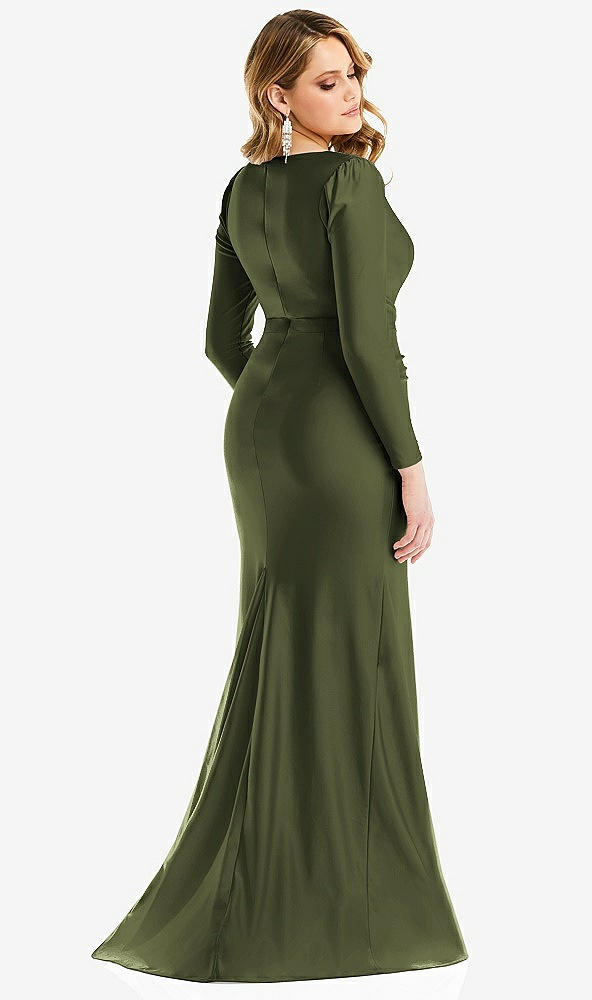 Back View - Olive Green Long Sleeve Draped Wrap Stretch Satin Mermaid Dress with Slight Train