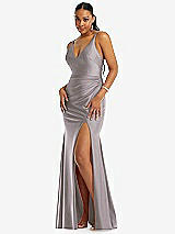 Front View Thumbnail - Cashmere Gray Deep V-Neck Stretch Satin Mermaid Dress with Slight Train
