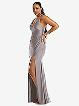 Side View Thumbnail - Cashmere Gray Deep V-Neck Stretch Satin Mermaid Dress with Slight Train