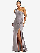 Front View Thumbnail - Cashmere Gray One-Shoulder Asymmetrical Cowl Back Stretch Satin Mermaid Dress