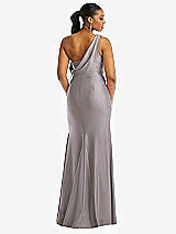 Rear View Thumbnail - Cashmere Gray One-Shoulder Asymmetrical Cowl Back Stretch Satin Mermaid Dress