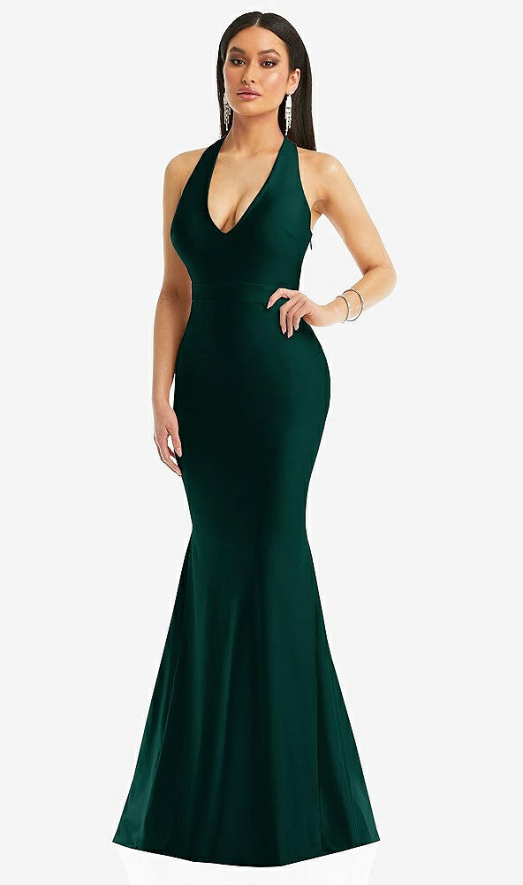 Front View - Evergreen Plunge Neckline Cutout Low Back Stretch Satin Mermaid Dress