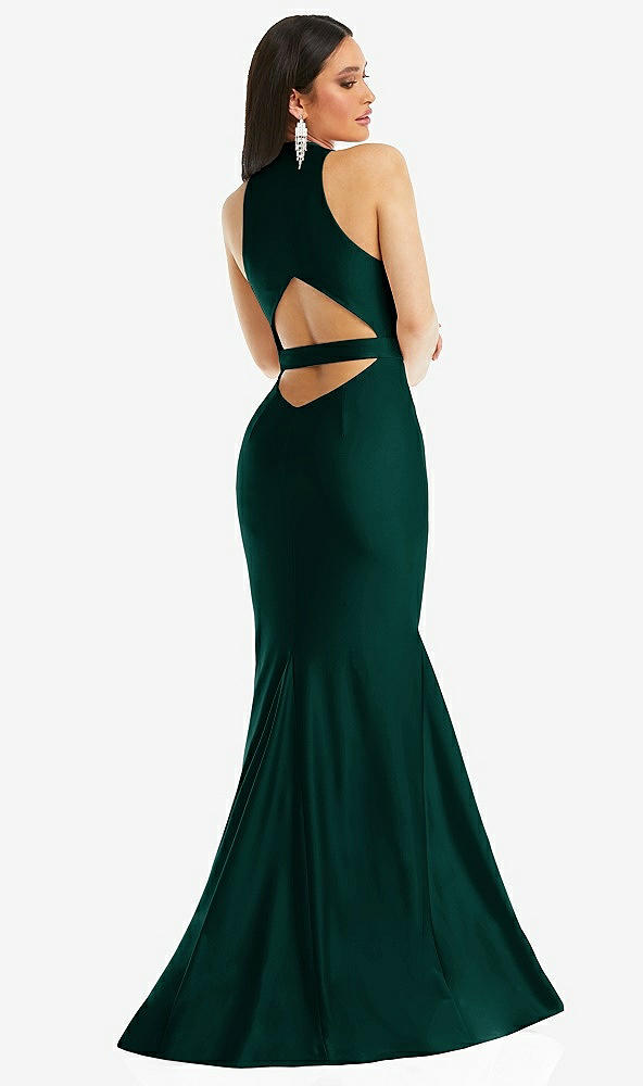Back View - Evergreen Plunge Neckline Cutout Low Back Stretch Satin Mermaid Dress