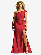 Front View Thumbnail - Poppy Red One-Shoulder Bias-Cuff Stretch Satin Mermaid Dress with Slight Train