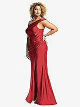 Side View Thumbnail - Poppy Red One-Shoulder Bias-Cuff Stretch Satin Mermaid Dress with Slight Train