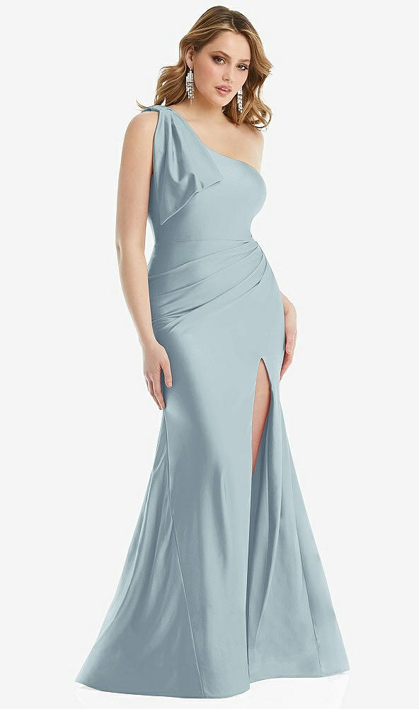 Front View - Mist Cascading Bow One-Shoulder Stretch Satin Mermaid Dress with Slight Train
