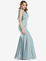 Side View Thumbnail - Mist Cascading Bow One-Shoulder Stretch Satin Mermaid Dress with Slight Train