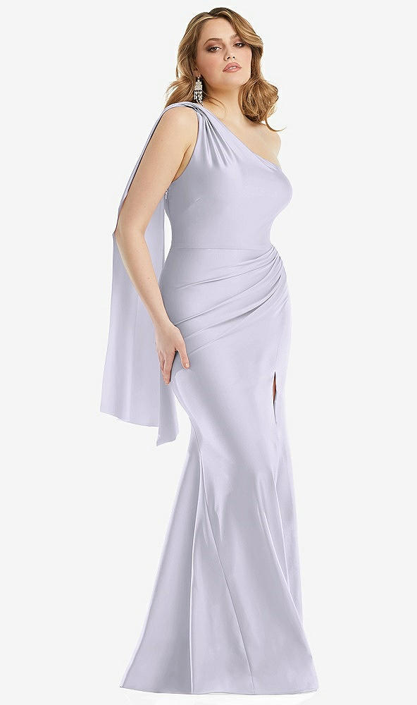 Front View - Silver Dove Scarf Neck One-Shoulder Stretch Satin Mermaid Dress with Slight Train