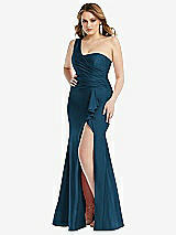 Front View Thumbnail - Atlantic Blue One-Shoulder Bustier Stretch Satin Mermaid Dress with Cascade Ruffle