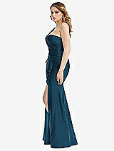 Side View Thumbnail - Atlantic Blue One-Shoulder Bustier Stretch Satin Mermaid Dress with Cascade Ruffle