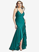 Front View Thumbnail - Peacock Teal Pleated Wrap Ruffled High Low Stretch Satin Gown with Slight Train