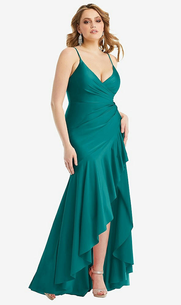 Front View - Peacock Teal Pleated Wrap Ruffled High Low Stretch Satin Gown with Slight Train
